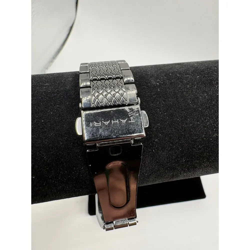 Tahari Crystal Bezel Black Dial Silver Watch